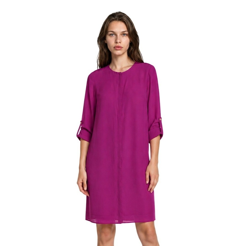 DKNYC Tunic Dress Women's Size Medium Magenta Purple Roll Tab Hidden Button